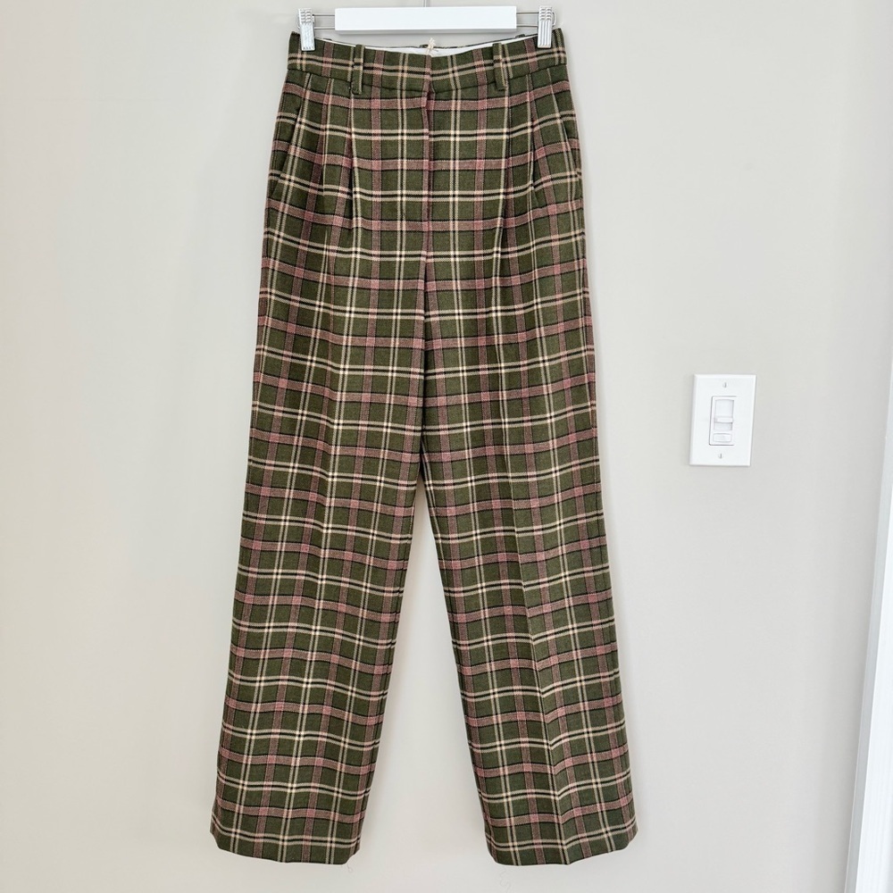 NWT ARITZIA WILFRED Effortless Pants in Wool Plaid Check Green Tan Pink size 4
